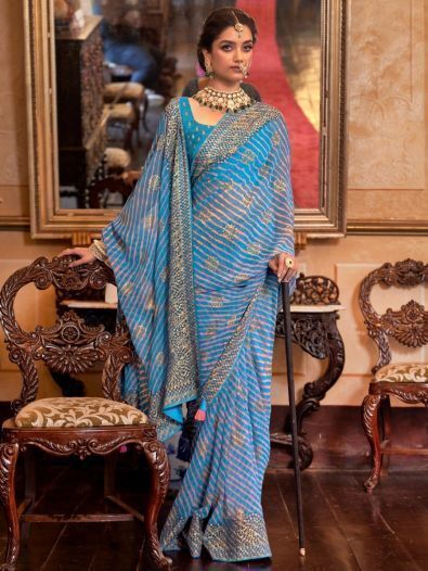 Fascinating Blue Georgette Leheriya Indian Function  Wear Saree