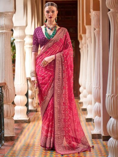 Alluring Hot Pink Bandhani Printed Georgette Event Wear Saree