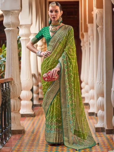 Ravishing Green Bandhani Printed Georgette Occasion Wear Saree