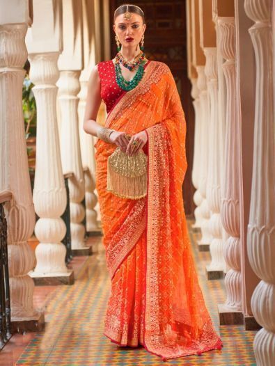 Amazing Orange Bandhani Printed Georgette Ceremony Wear Saree