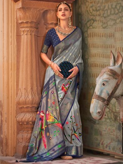 Traditional Grey Paithani Printed Silk Wedding Wear Saree