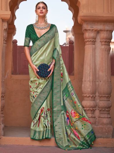 Exquisite Light Green Paithani Printed Occasion Wear Silk Saree 