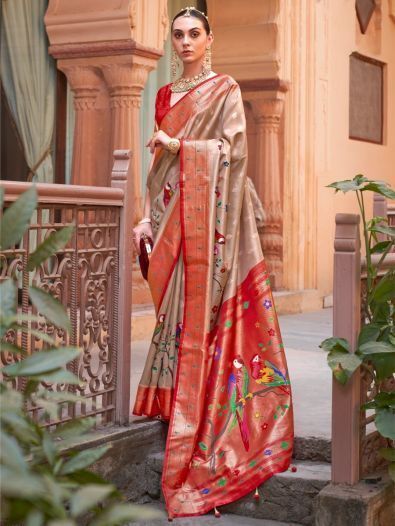 Appealing Light Brown Paithani Printed Event Wear Silk Saree