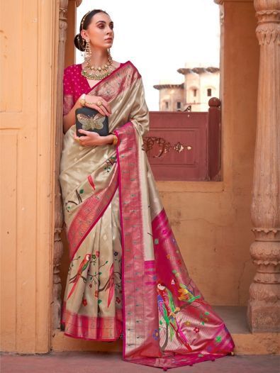 Attractive Dark Beige Paithani Printed Event Wear Silk Saree
