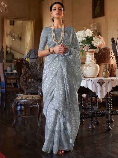 Glamorous Grey Floral Printed Cotton Classy Saree With Blouse