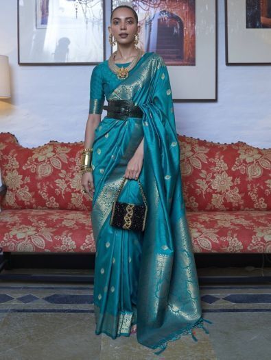 Mesmerizing Teal Blue Woven Silk Event Wear Saree With Blouse