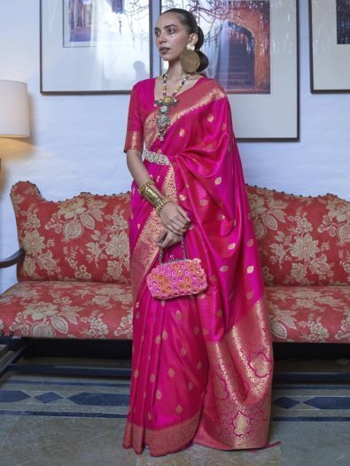 Engrossing Pink Woven Silk Festival Wear Saree With Blouse