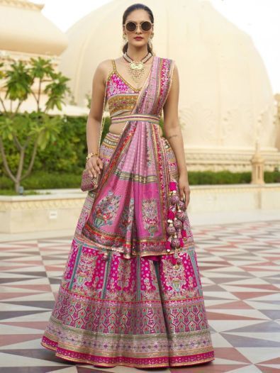 Gorgeous Pink Mirror Work Rajwadi Silk Wedding Wear Lehenga Choli
