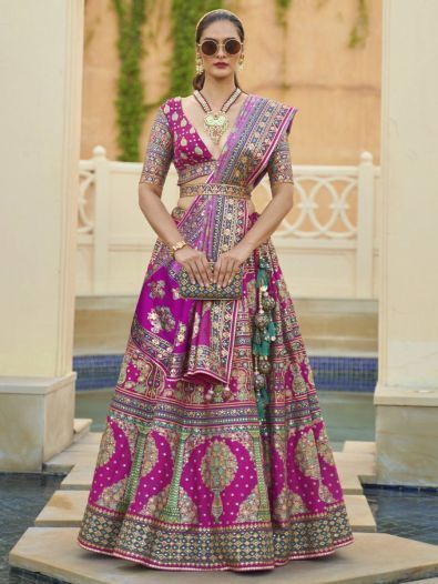 Alluring Rani Pink Mirror Work Rajwadi Silk Bridesmaid Lehenga Choli