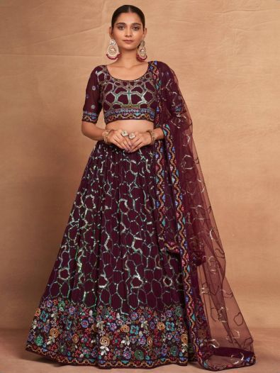 Wonderful Maroon Sequins Georgette Designer Lehenga Choli With Dupatta