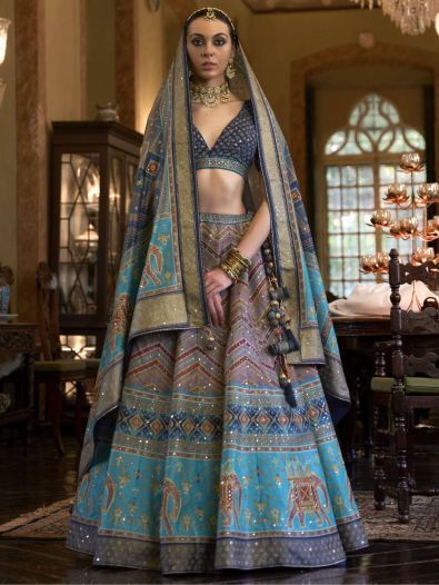 Marvelous Blue Mirror Work Rajwadi Silk Wedding Wear Lehenga Choli