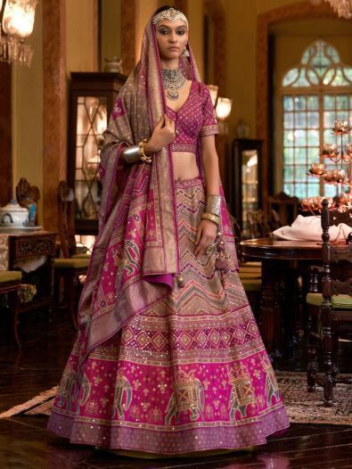 Outstanding Pink Mirror Work Rajwadi Silk Wedding Wear Lehenga Choli