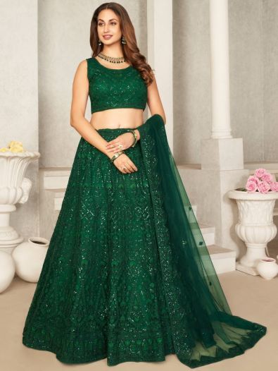Attractive Green Sequins Net Mehendi Wear Lehenga Choli With Dupatta