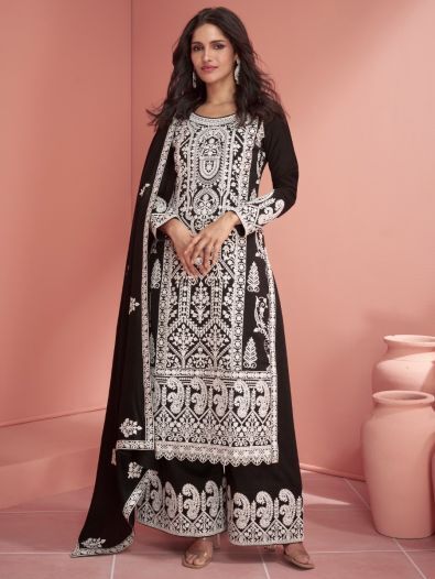 Enticing Black Embroidered Silk Party Wear Palazzo Suit With Dupatta