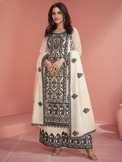 Fancified Off-White Embroidered Silk Traditional Palazzo Suit With Dupatta