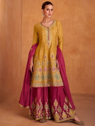 Awesome Yellow Embroidered Chinon Designer Palazzo Suits