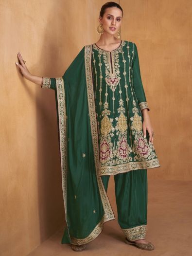 Marvelous Dark Green Embroidered Chinon Events Wear Salwar Suits