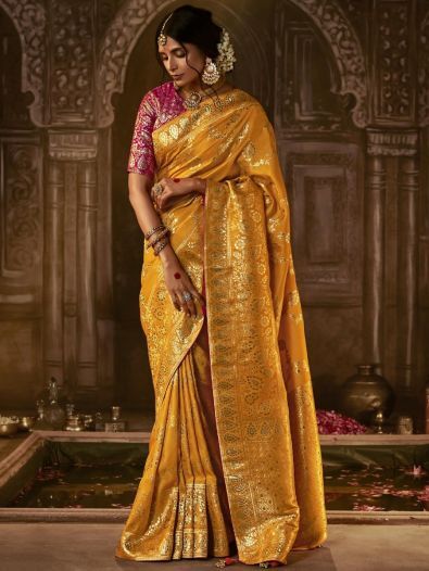 Superb Ochre Yellow Zari Woven Silk Haldi Wear Saree With Blouse