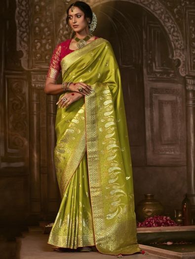 Attractive Light Green Zari Woven Silk Wedding Wear Saree With Blouse