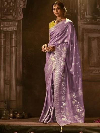 Enticing Lavender Zari Woven Silk Party Wear Saree With Blouse