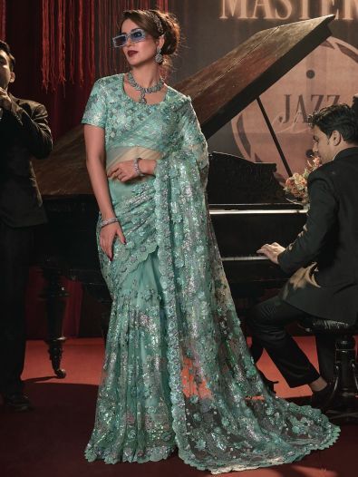 Marvelous Sea Green Sequins Net Designer Saree With Blouse