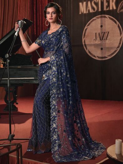Spectacular Navy-Blue Sequins Net Party Wear Saree With Blouse
