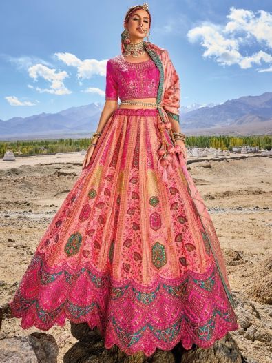 Beautiful Pink Embroidered Silk Jacquard Wedding Wear Lehenga Choli