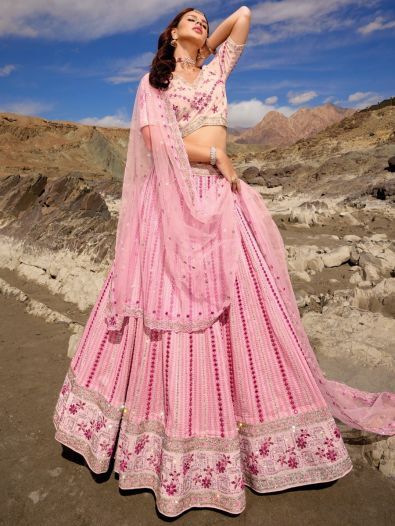 Gorgeous Pink Thread Work Georgette Lehenga Choli With Dupatta