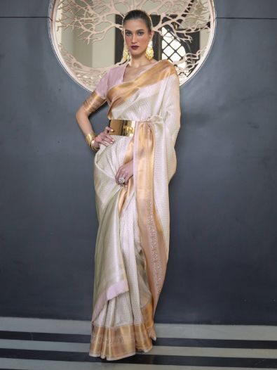 Astonishing Off-White Zari Weaving Silk Wedding Wear Saree 