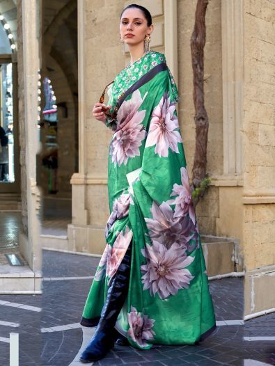 Pretty Green Floral Printed Satin Festive Wear Saree With Blouse