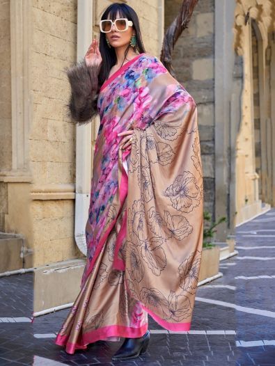 Fetching Multicolor Floral Printed Satin Saree With Blouse