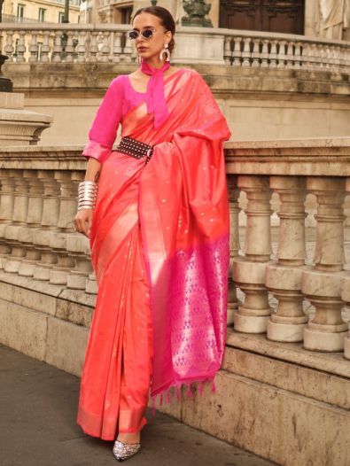 Gorgeous Peach Silk Zari Weaving Wedding Wear Saree With Blouse