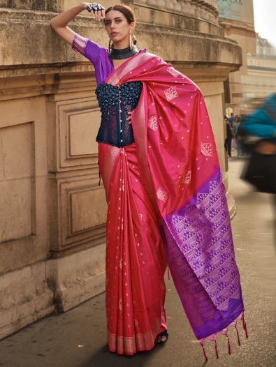 Incredible Pink Silk Zari Weaving Engagement Wear Saree With Blouse
