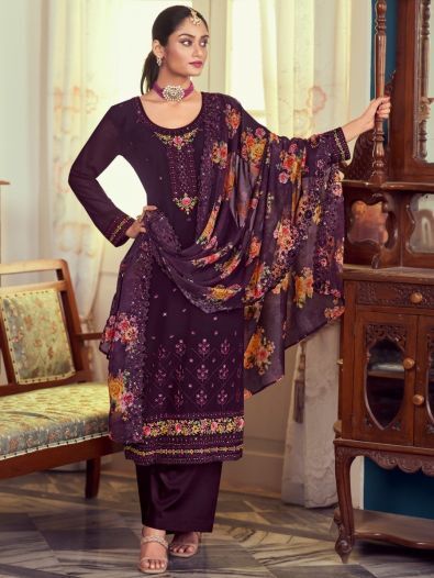 Enchanting Purple Embroidered Georgette Salwar Suit With Dupatta