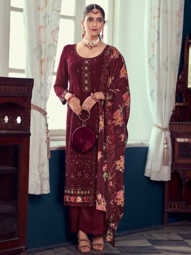 Glorious Maroon Embroidered Georgette Engagement Wear Salwar Suit
