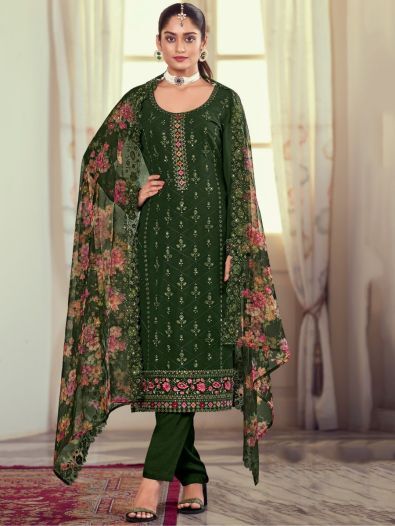 Majestic Green Embroidered Georgette Salwar Suit With Dupatta