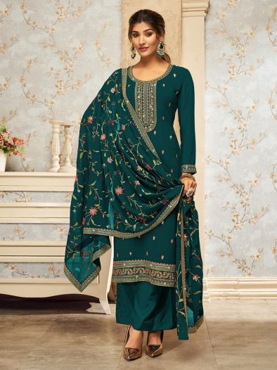 Enchanting Green Embroidered Georgette Traditional Palazzo Suit With Dupatta