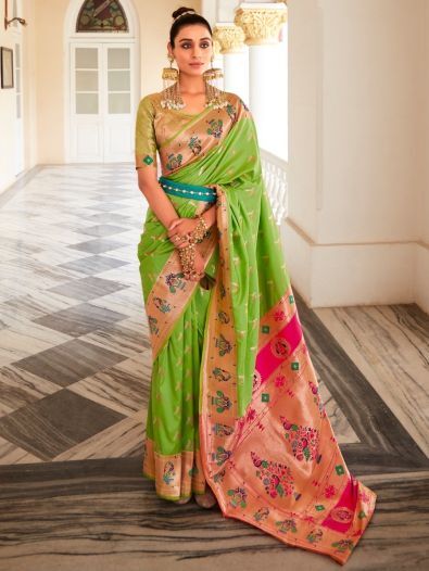 Magnetic Light Green Silk Zari Weaving Festive Wear Saree With Blouse
