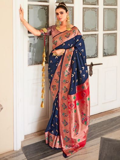 Fantastic Navy Blue Silk Zari Weaving Wedding Wear Saree With Blouse