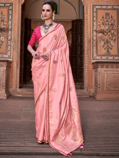Wonderful Pink Zari Weaving Satin Engagement Wear Saree With Blouse