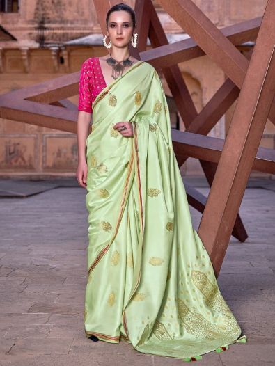 Fantastic Sea Green Zari Weaving Satin Sangeet Wear Saree With Blouse
