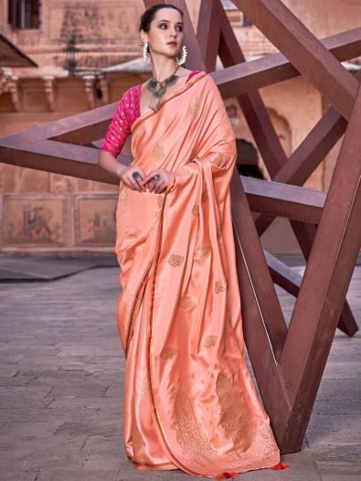 Peach woven net saree with blouse - Urban India - 3069984