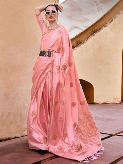 Incredible Pink Zari Weaving Satin Wedding Wear Saree With Blouse