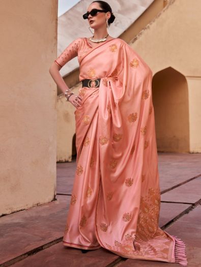 Alluring Peach Zari Weaving Satin Sangeet Wear Saree With Blouse