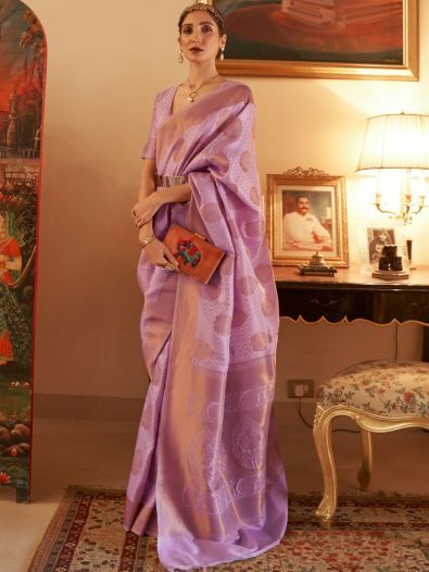 Awesome Purple Zari Woven Silk Wedding Wear Saree With Blouse
