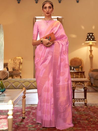 Excellent Pink Zari Woven Silk Engagement Wear Saree With Blouse