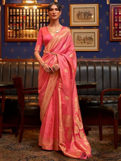 Beautiful Pink Zari Weaving Satin Wedding Wear Saree With Blouse