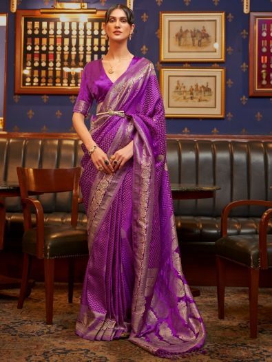 Stunning Purple Zari Weaving Satin Festive Wear Saree With Blouse