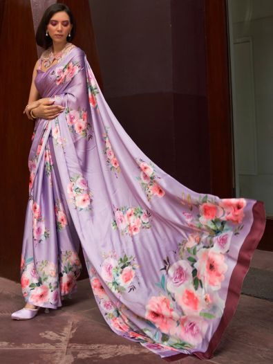 Lovable Lavender Floral Printed Satin Party Wear Saree With Blouse