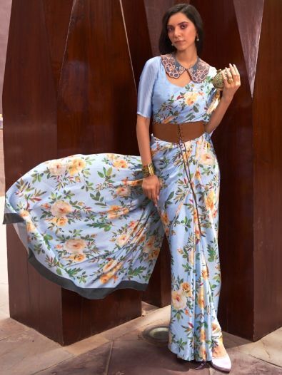 Captivating Sky-Blue Floral Printed Satin Function Wear Saree With Blouse